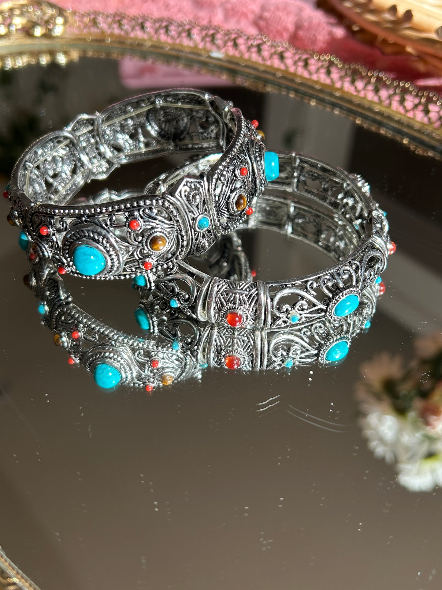 Large Silvertone Stretch Bangle w/ Turquoise and Tigers Eye Stones