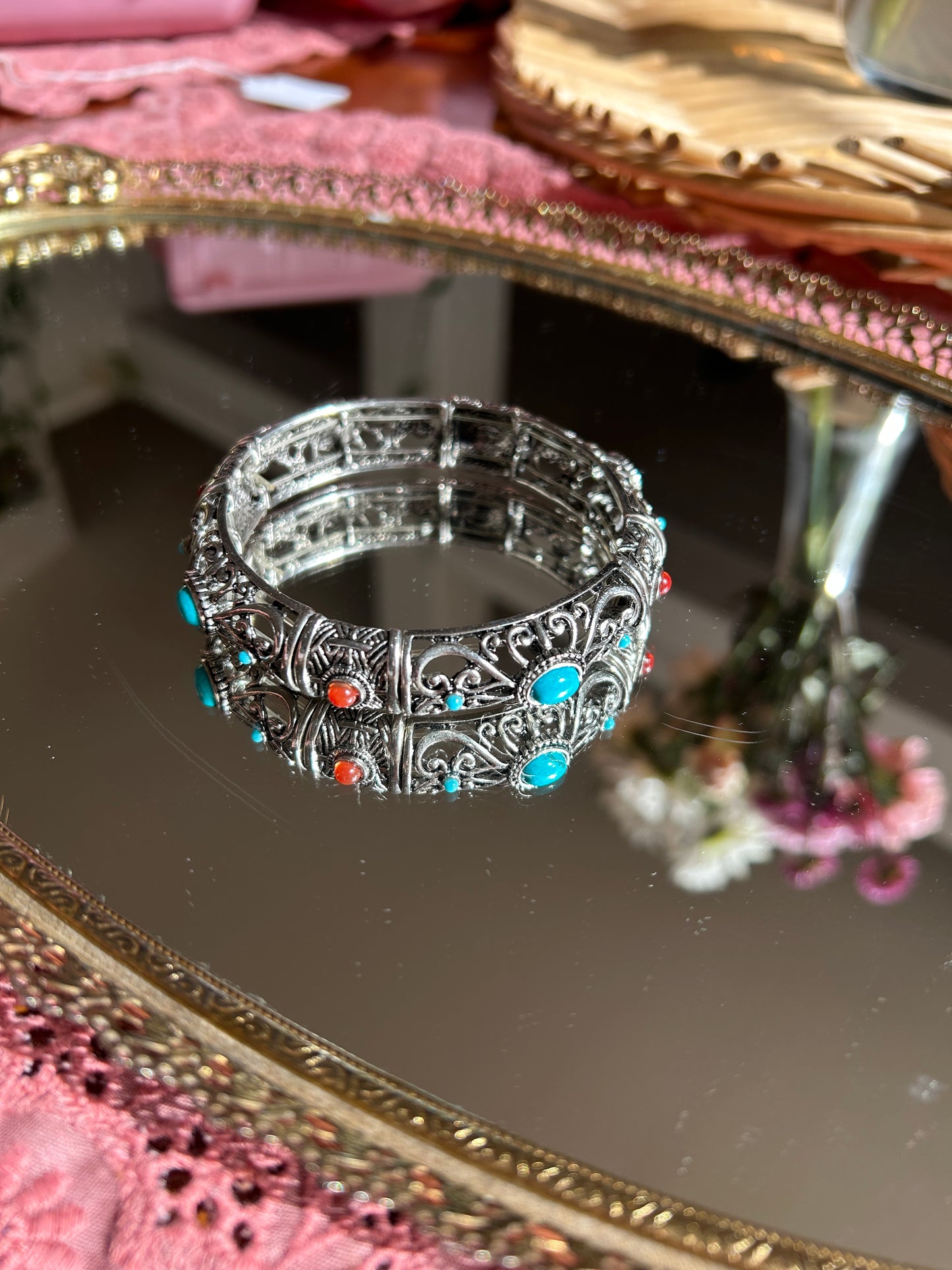 Silver Stretch Cuff w/ Turquoise and Tigers Eye