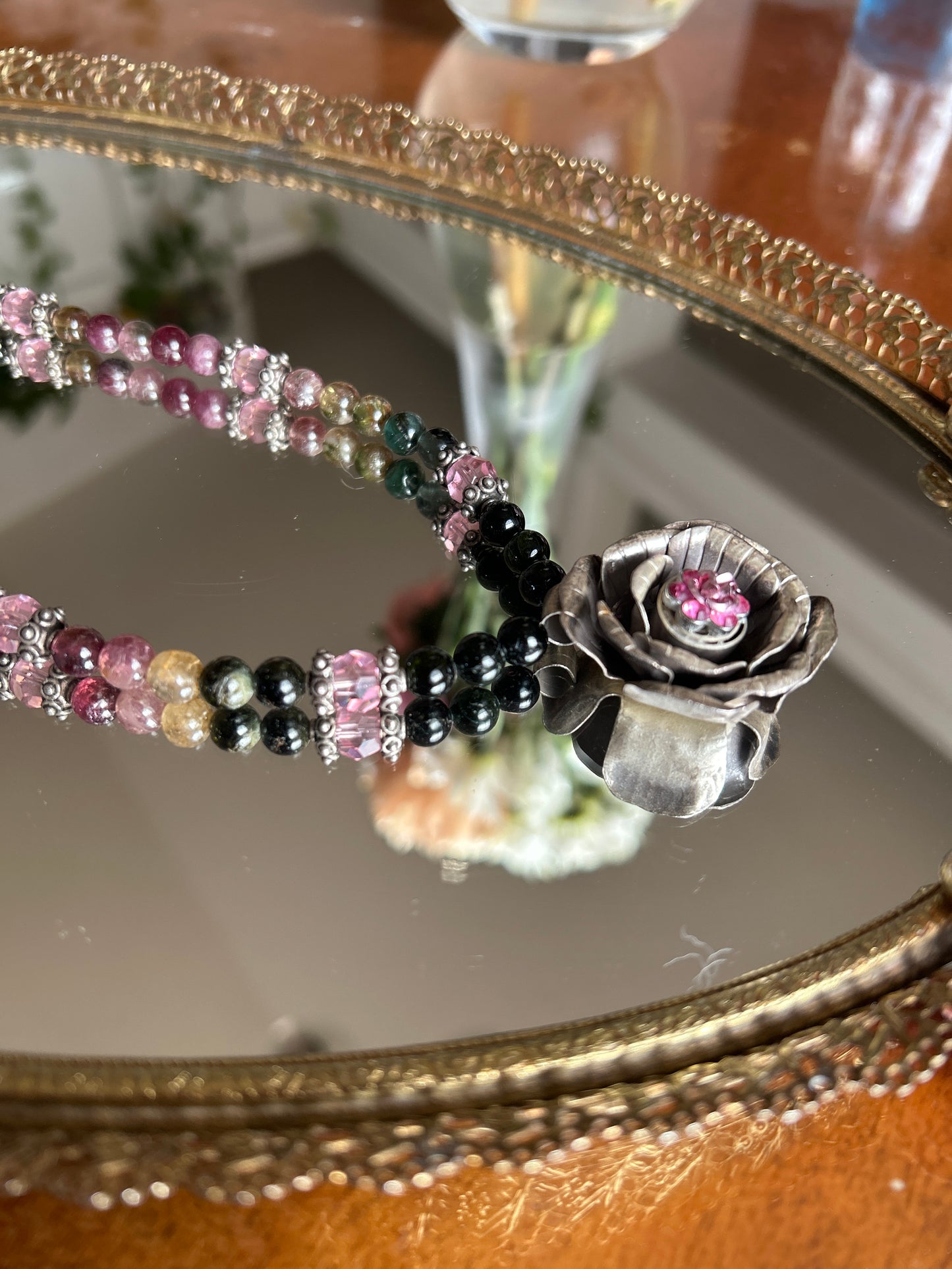 Vintage Handmade Amethyst Beaded Necklace w/ Rose Pendant