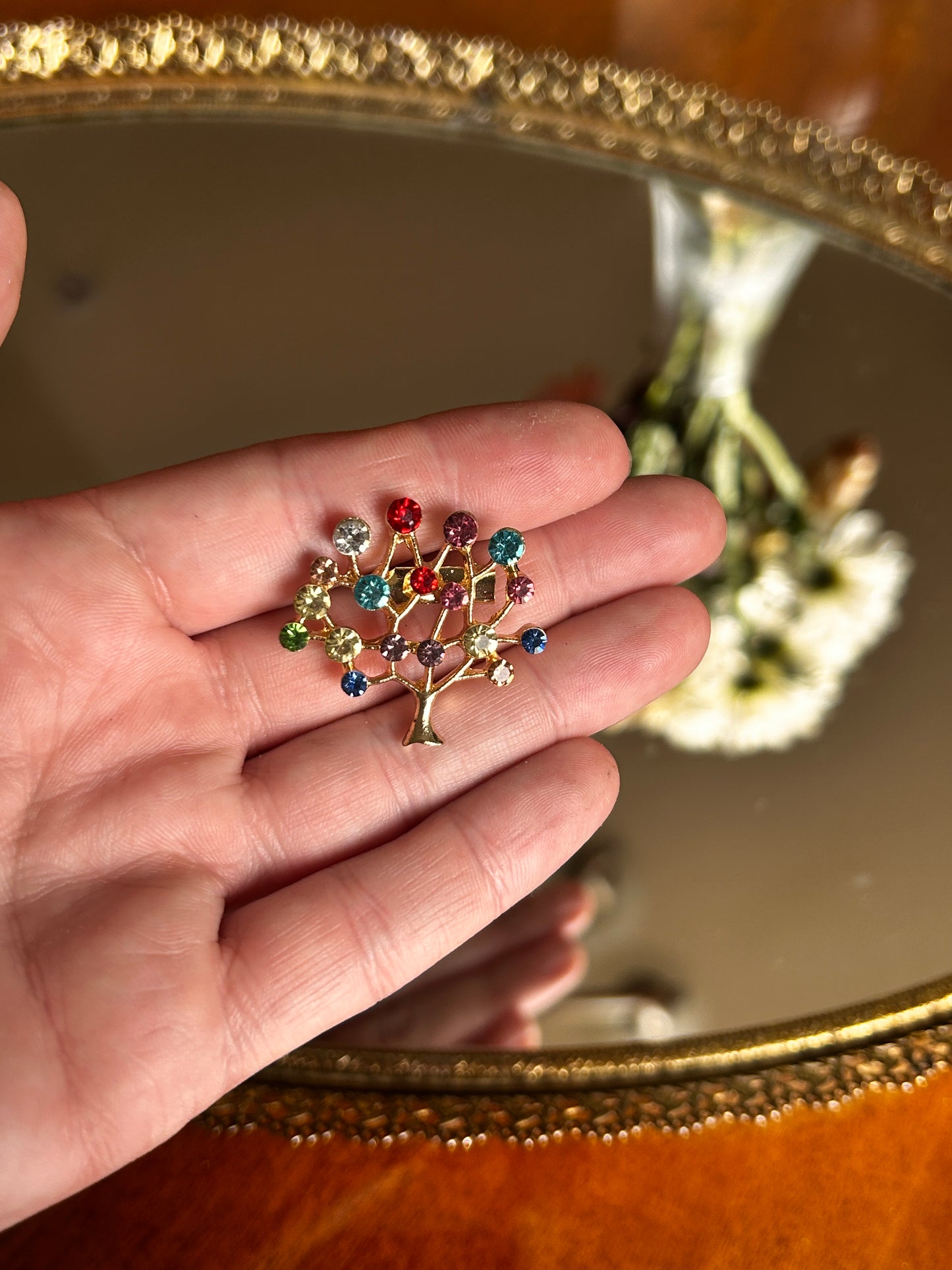 Vintage Goldtone Tree of Life Brooch w/ Various Gemstones