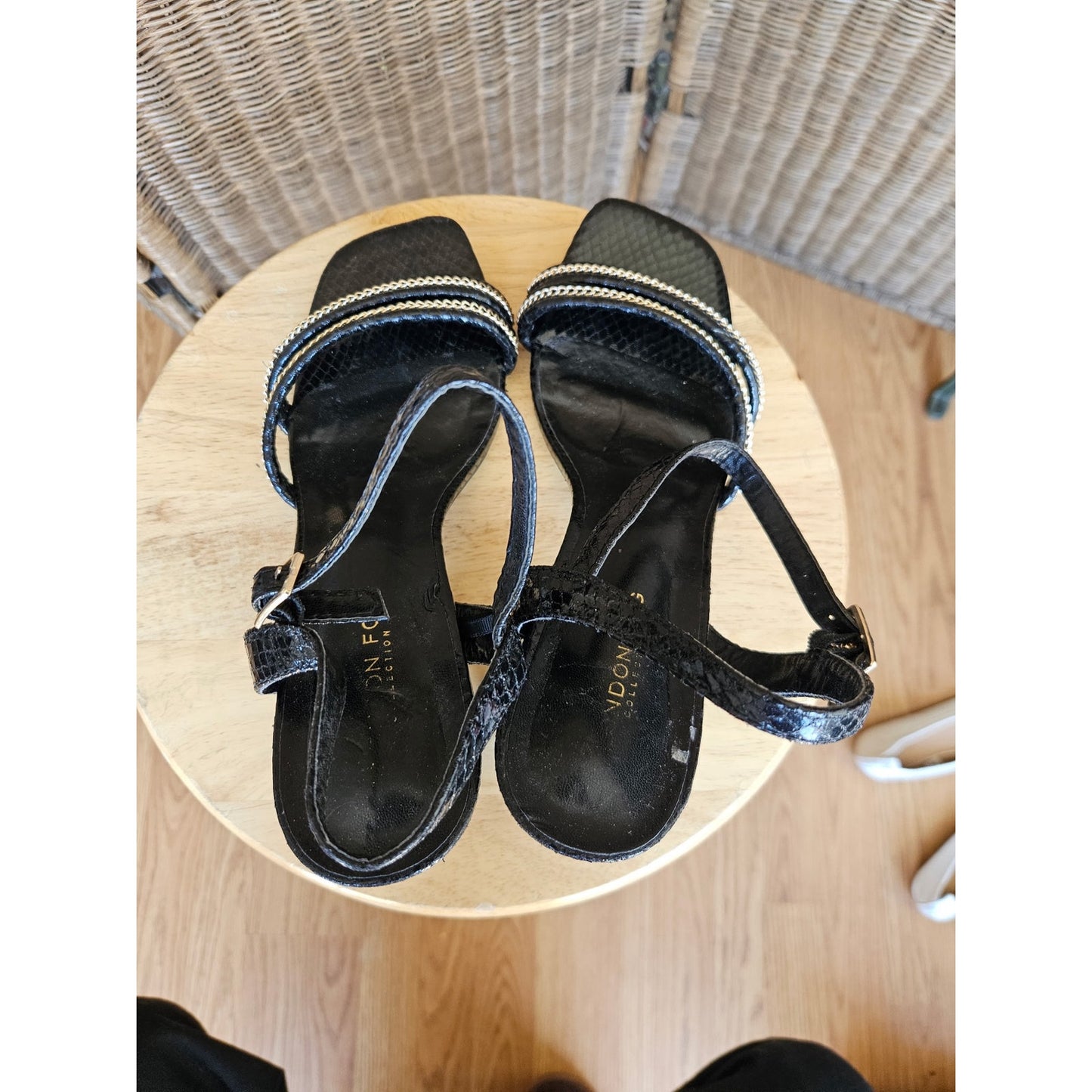 Black Leather Chunky Block Heel - Size 9, Snake Embossed, Chain, Strappy Sandals, Edgy, Y2K, Minimalist, London Fog