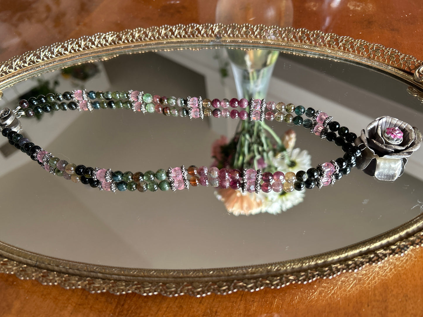 Vintage Handmade Amethyst Beaded Necklace w/ Rose Pendant