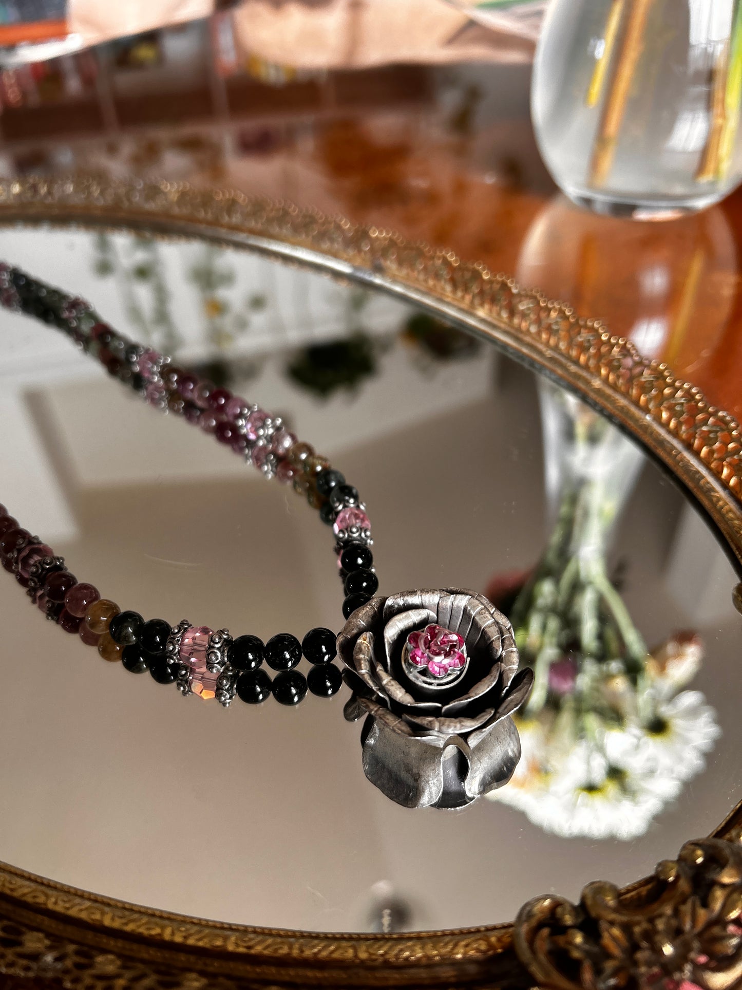 Vintage Handmade Amethyst Beaded Necklace w/ Rose Pendant