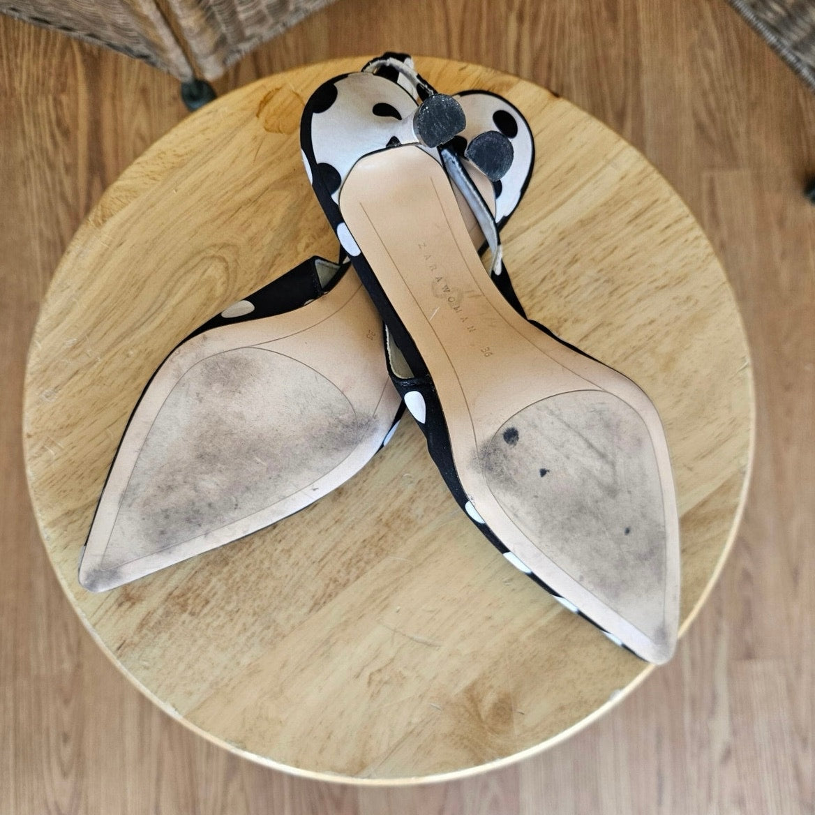 Zara Black and White Polka Dot Slingback Heels - Size 6