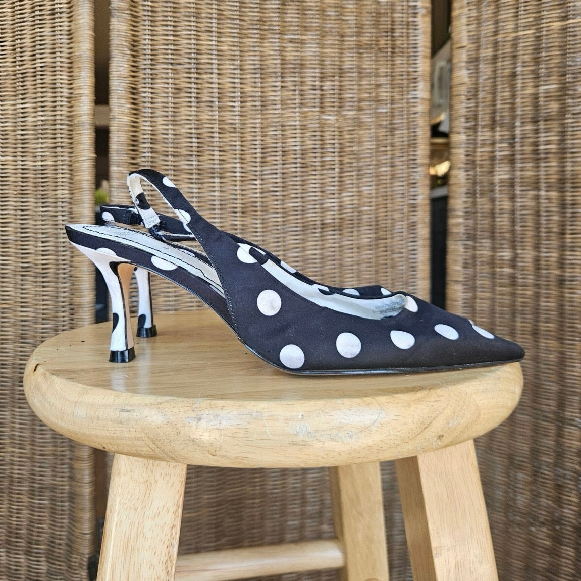 Zara Black and White Polka Dot Slingback Heels - Size 6