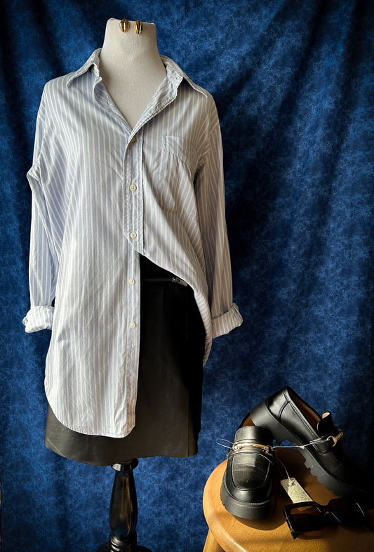 Blue and White Striped Button Up (Size : Men’s Large)