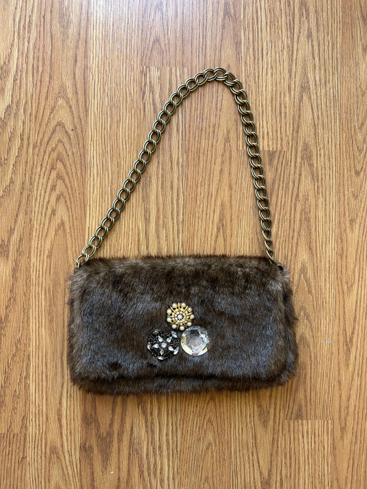 Y2K Faux Fur Envelope Handbag w/ Gemstone Brooch Detail