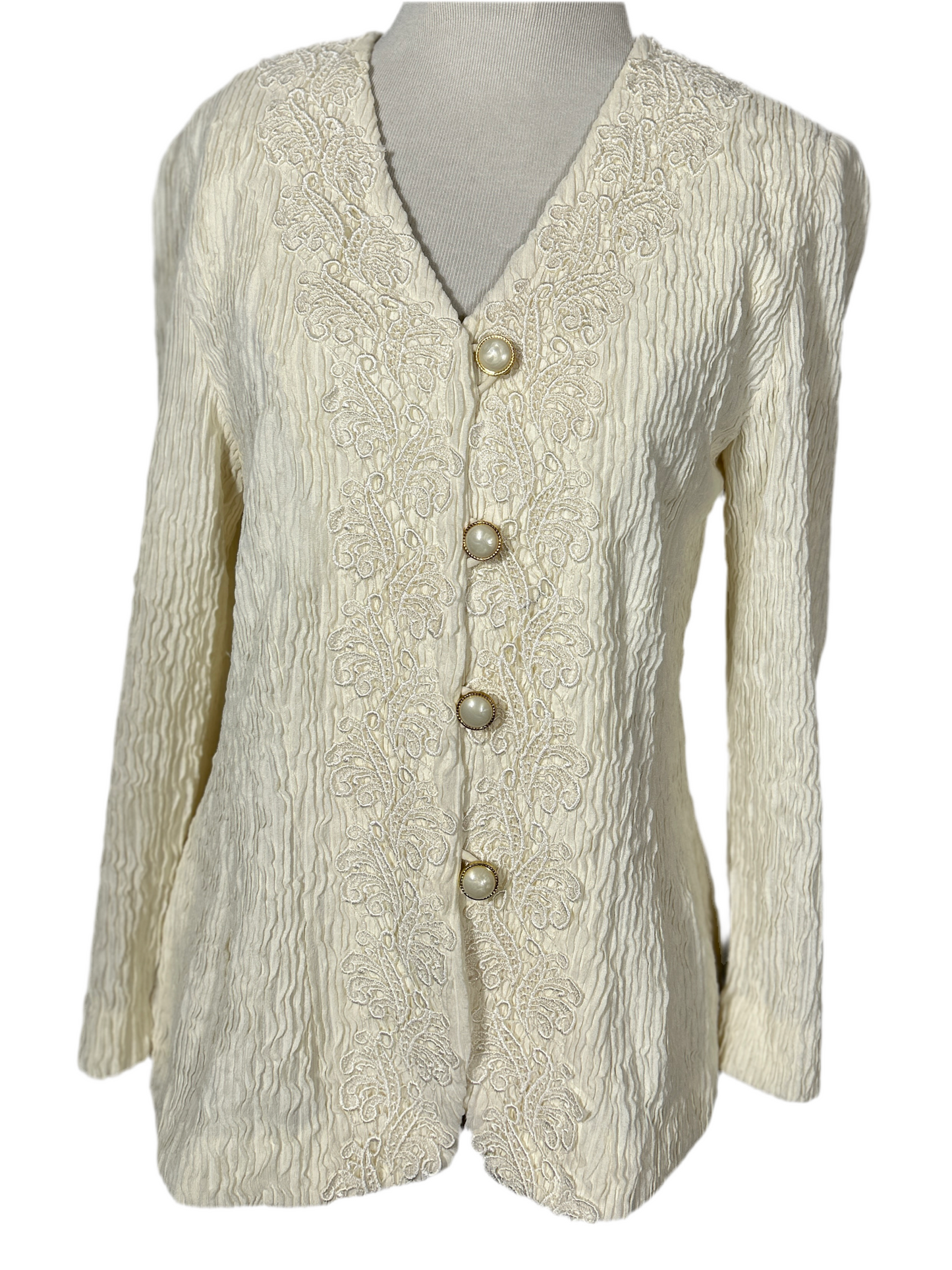 Plisse Lace Blouse with Pearl Buttons