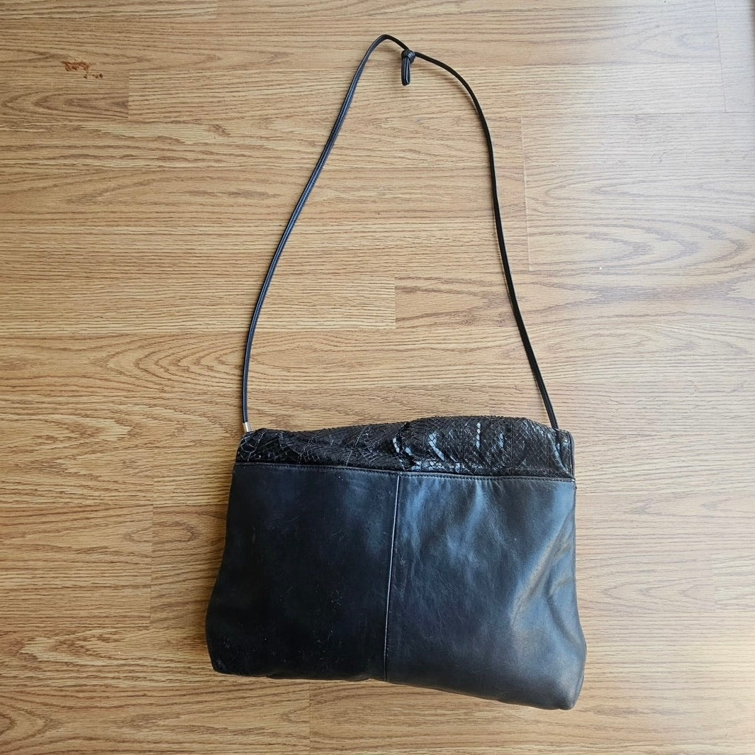 Vintage Black Leather Abalone Shell Snakeskin Crossbody Envelope Bag