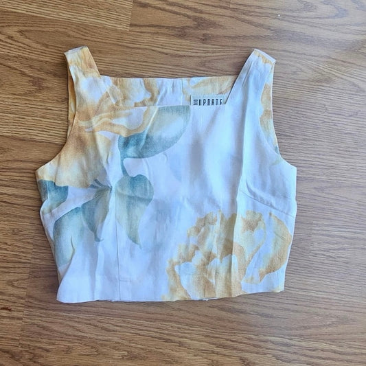 90s Cropped Linen Blend Floral Blouse - Size 8