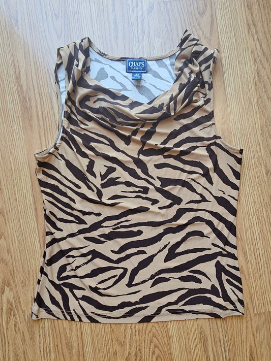 90's Chaps Sleeveless Tigerprint Cowl Neck Blouse - Size Large
