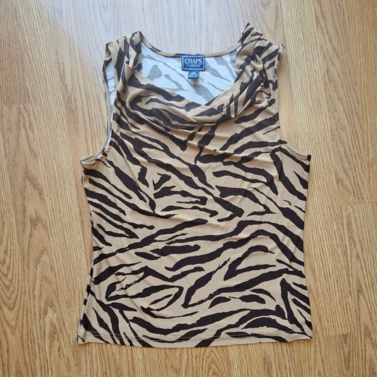 90's Chaps Sleeveless Tigerprint Cowl Neck Blouse - Size Large