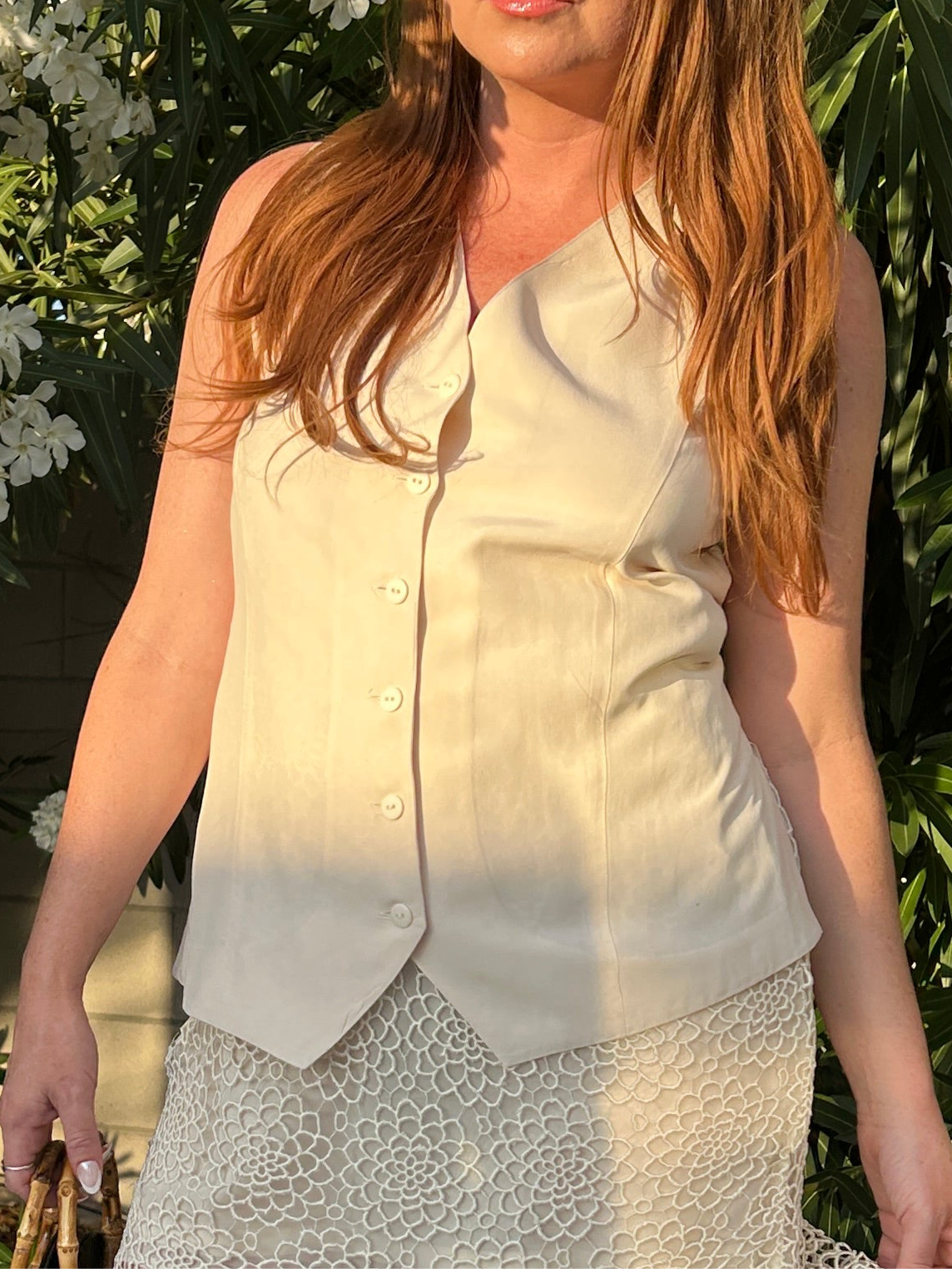 Cream Silk V-Neck Button Down Blouse