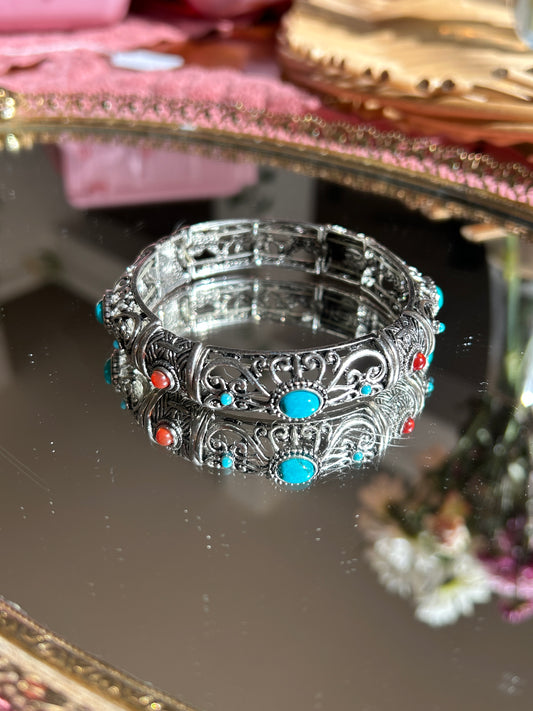 Silver Stretch Cuff w/ Turquoise and Tigers Eye