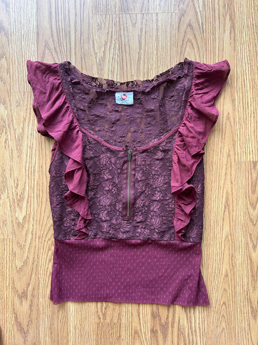 Maroon Free People Lace Ruffled Blouse