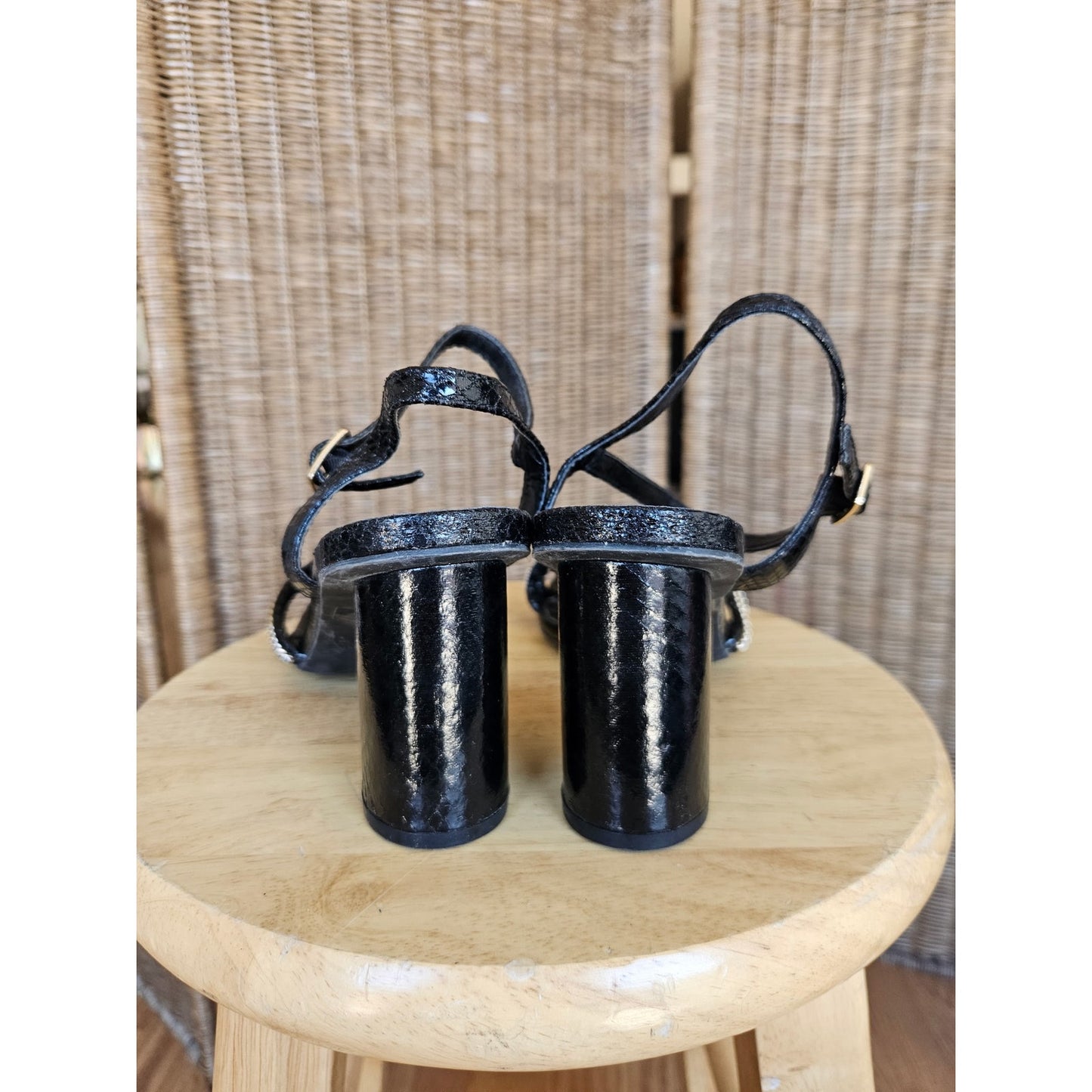 Black Leather Chunky Block Heel - Size 9, Snake Embossed, Chain, Strappy Sandals, Edgy, Y2K, Minimalist, London Fog