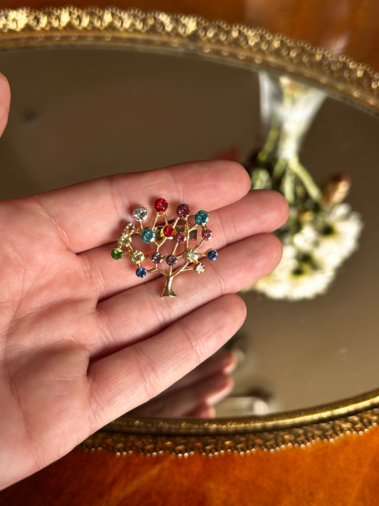 Vintage Goldtone Tree of Life Brooch w/ Various Gemstones