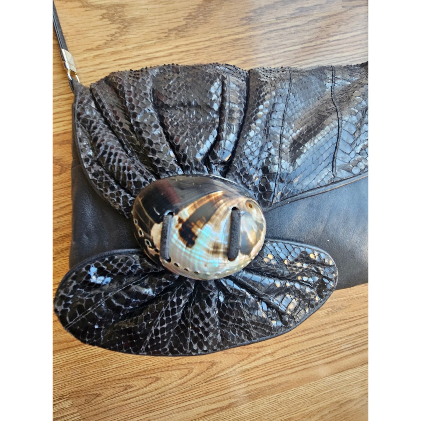 Vintage Black Leather Abalone Shell Snakeskin Crossbody Envelope Bag