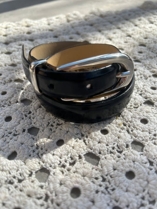 Black Leather Belt with Silver Buckle (Medium)