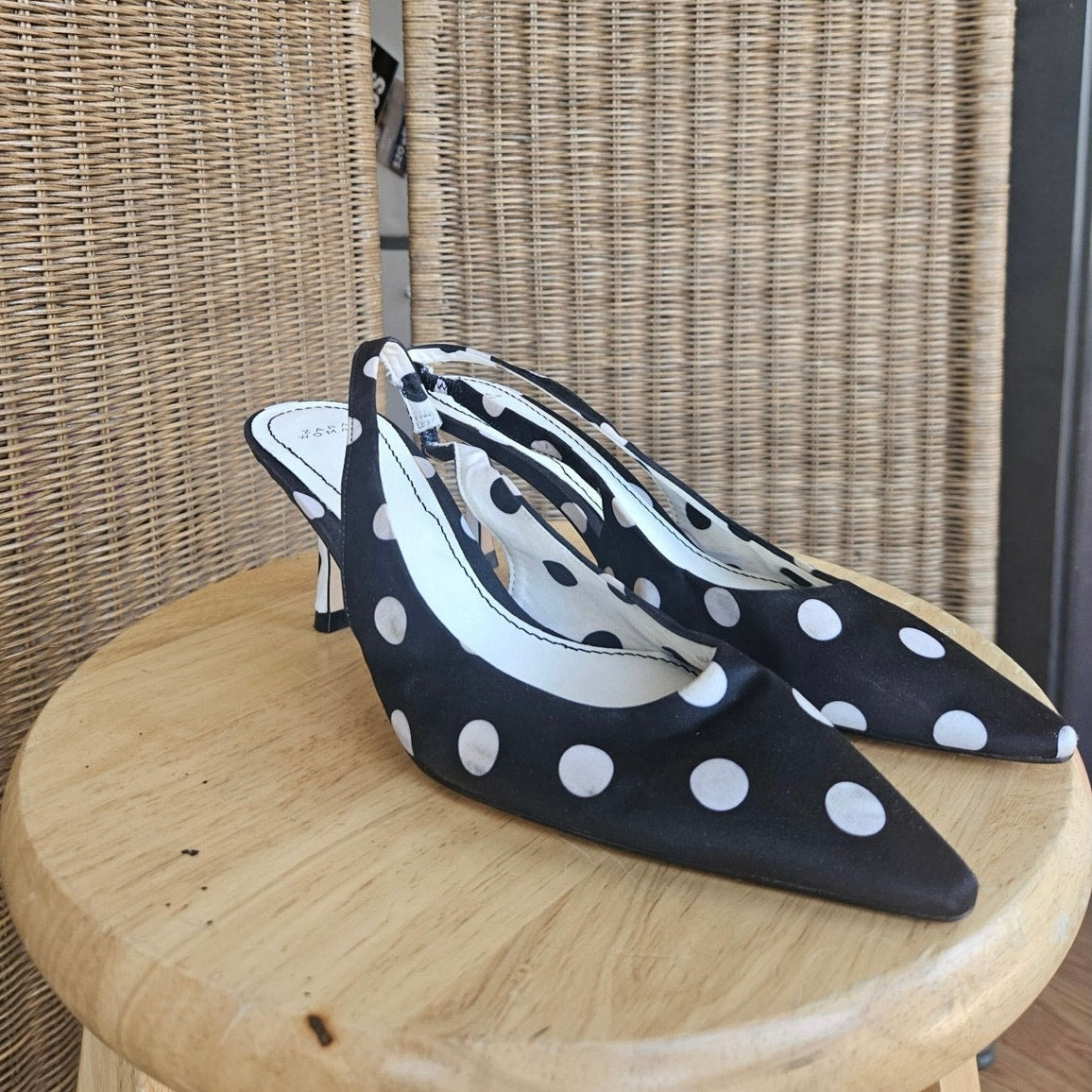 Zara Black and White Polka Dot Slingback Heels - Size 6