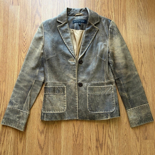 Y2K Kenneth Cole Brown Distressed Leather Blazer Jacket - Size Extra Small