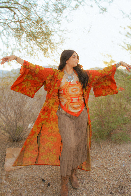1970's Orange and Gold Floral Floor Length Robe (OS)