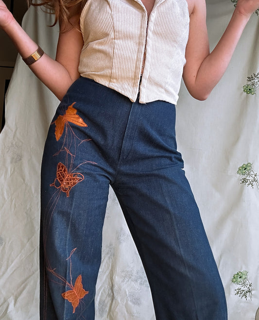 1970's Leather Butterfly Wide Leg Denim (Size 8)