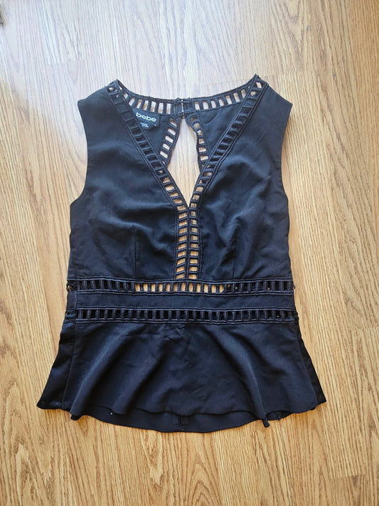 Y2K Black Bebe Sleeveless Peplum Cutout Blouse - Size 6