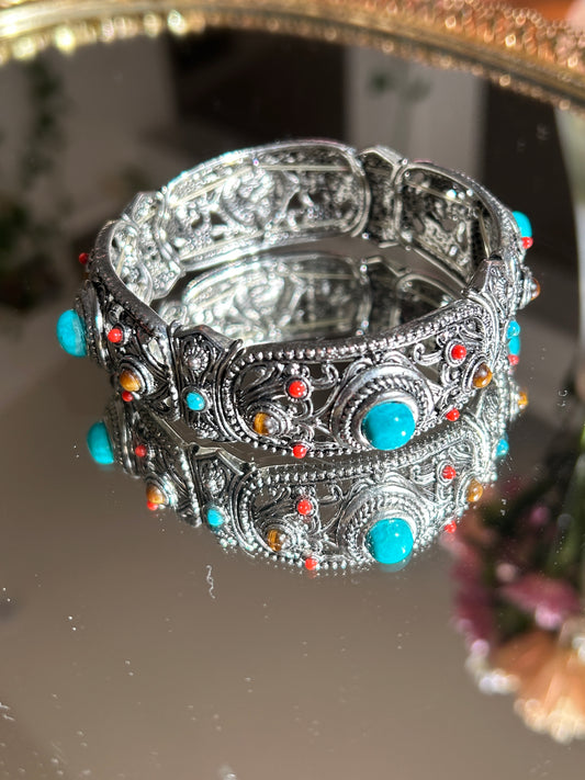Large Silvertone Stretch Bangle w/ Turquoise and Tigers Eye Stones