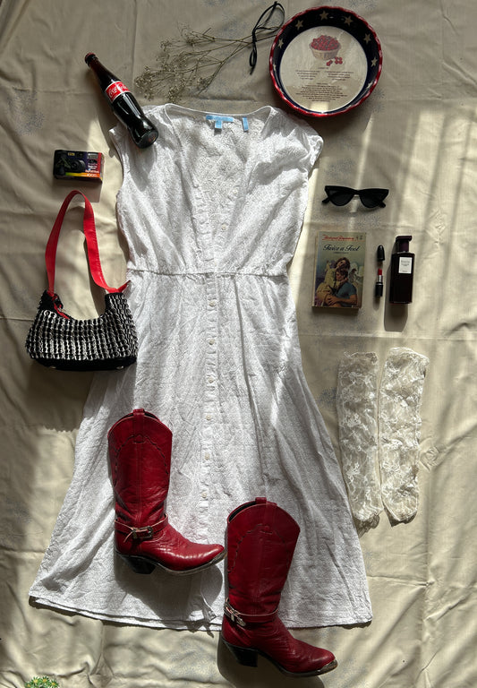 White Eyelet Lace Button Down Tea Dress (Size 10)