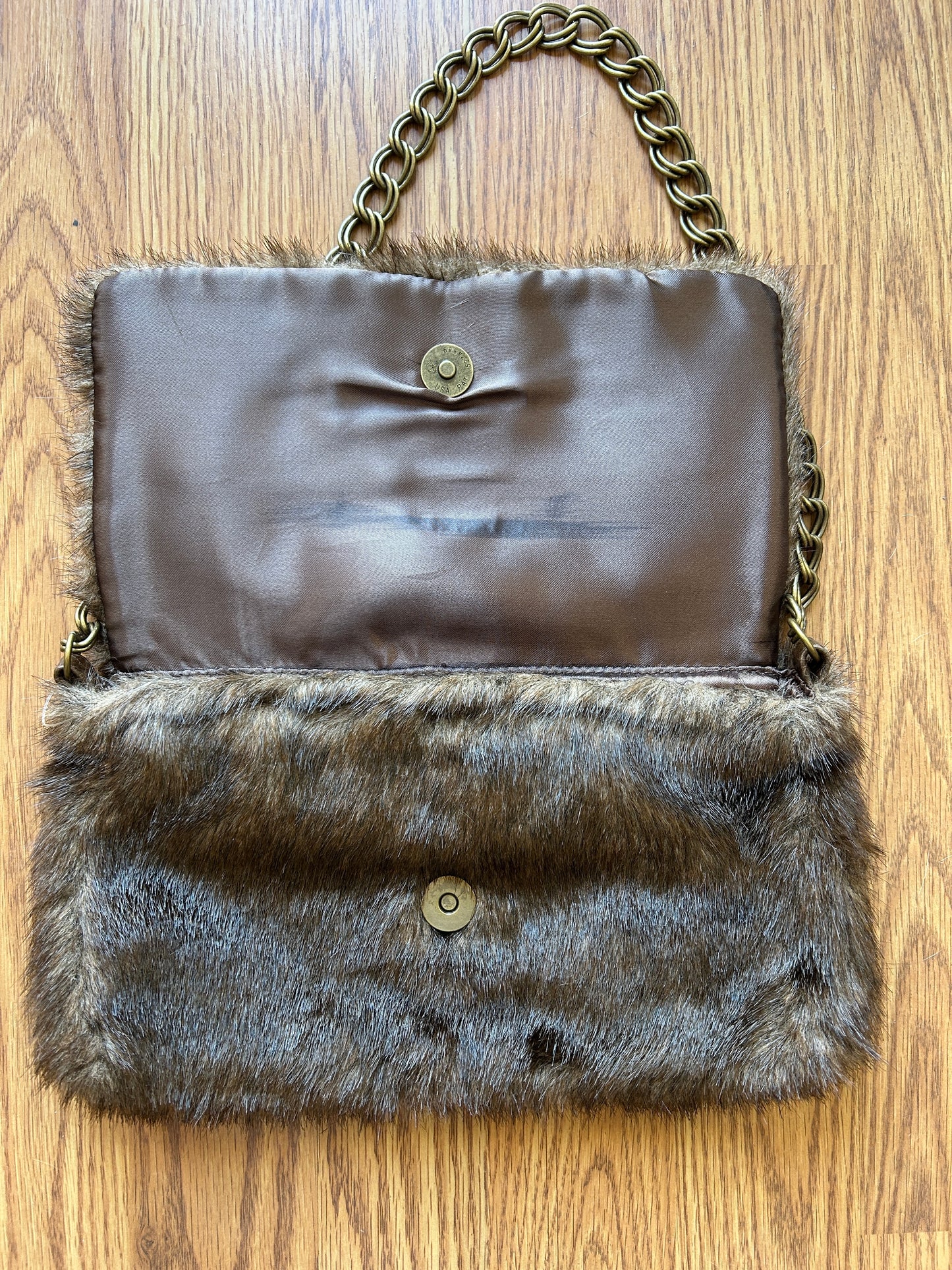 Y2K Faux Fur Envelope Handbag w/ Gemstone Brooch Detail