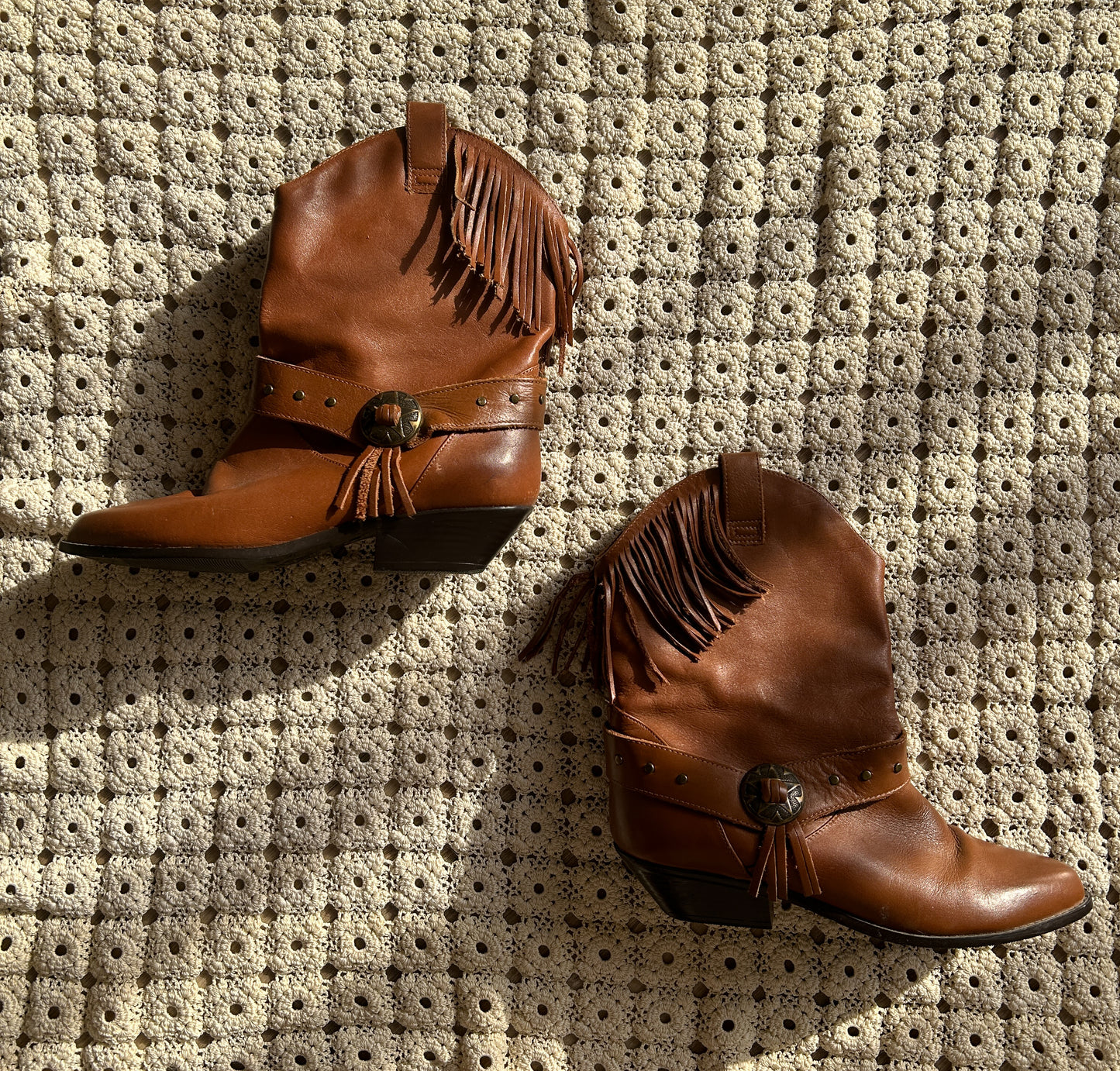 Brown Leather Fringe Booties (Size 8)