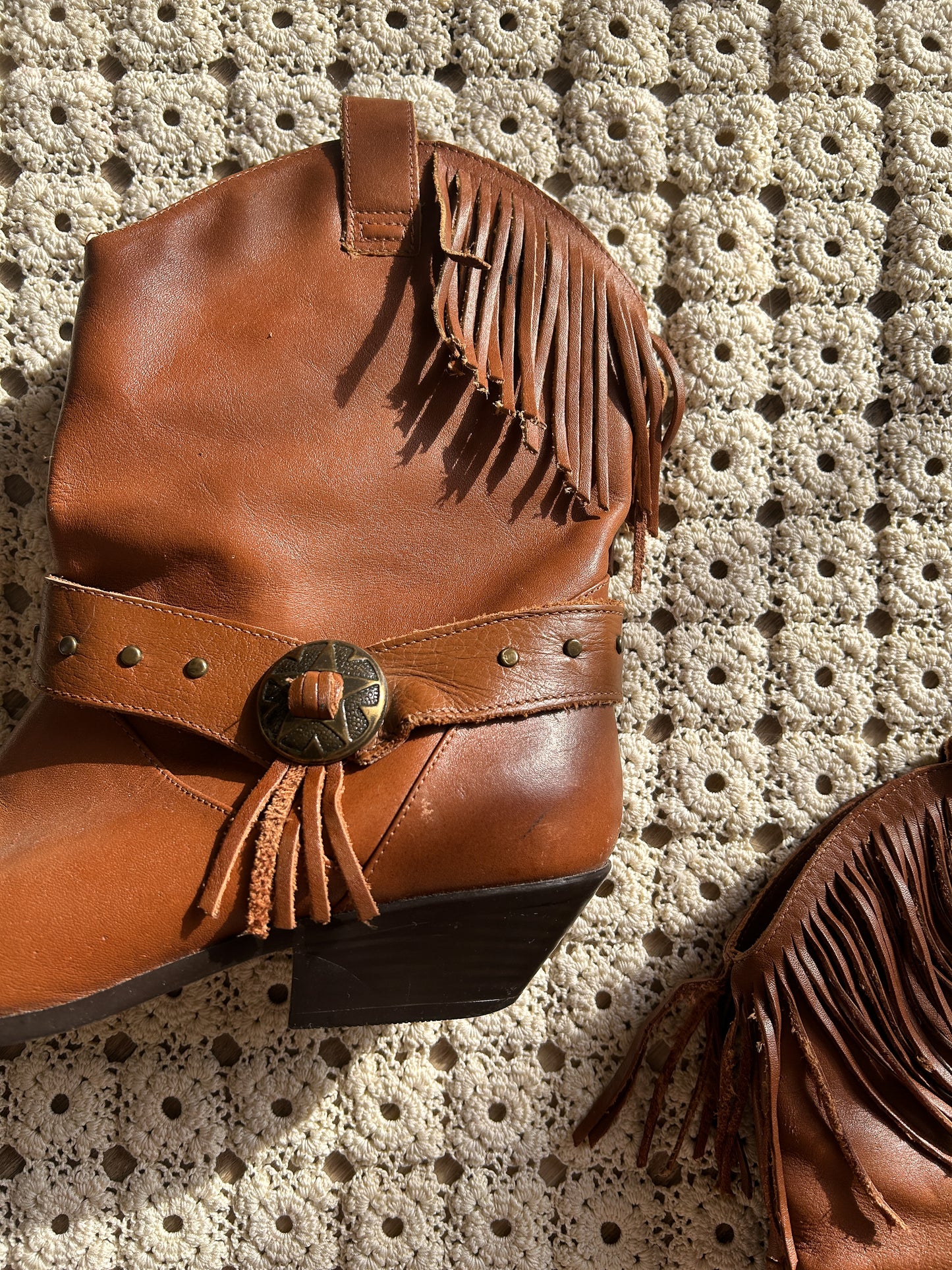 Brown Leather Fringe Booties (Size 8)