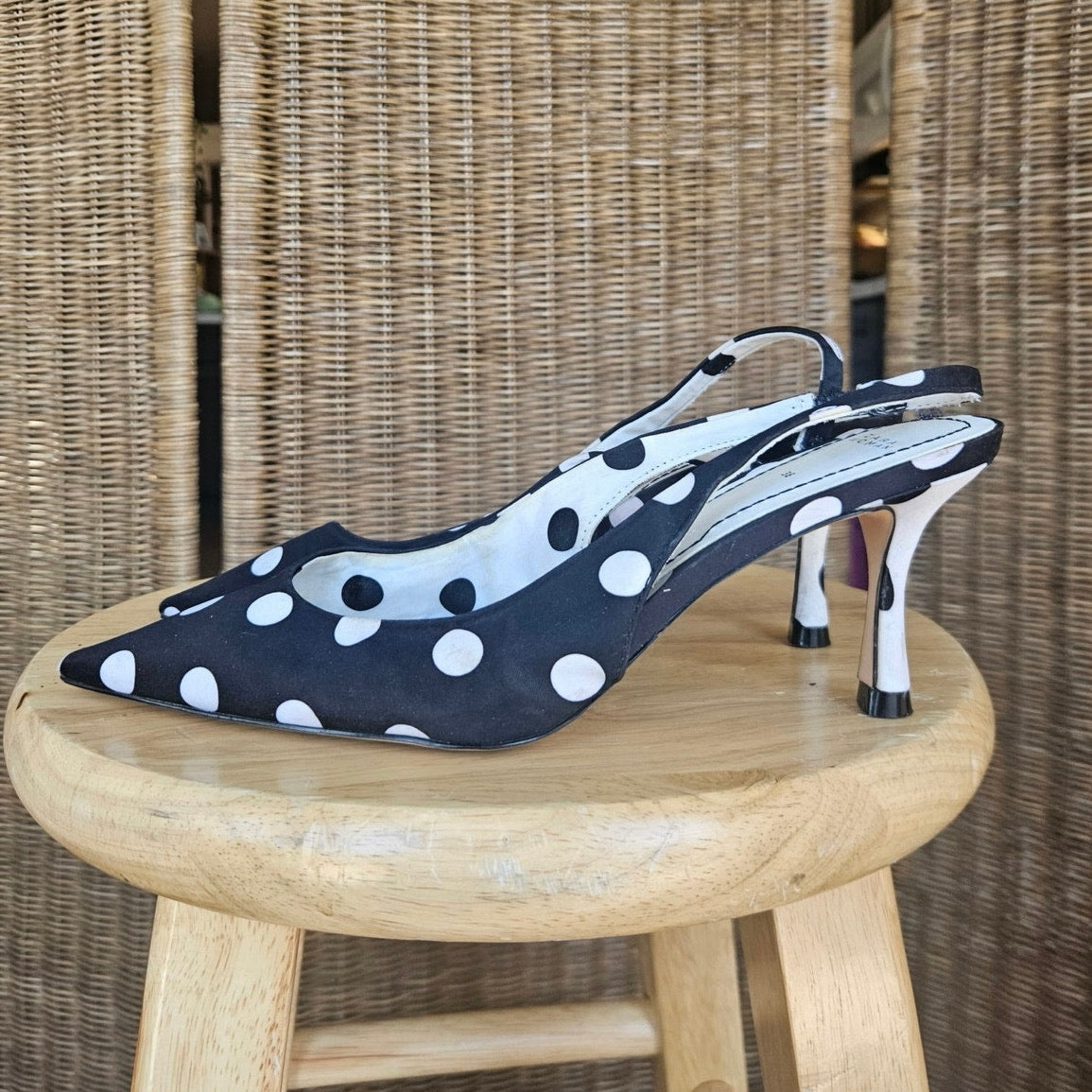 Zara Black and White Polka Dot Slingback Heels - Size 6