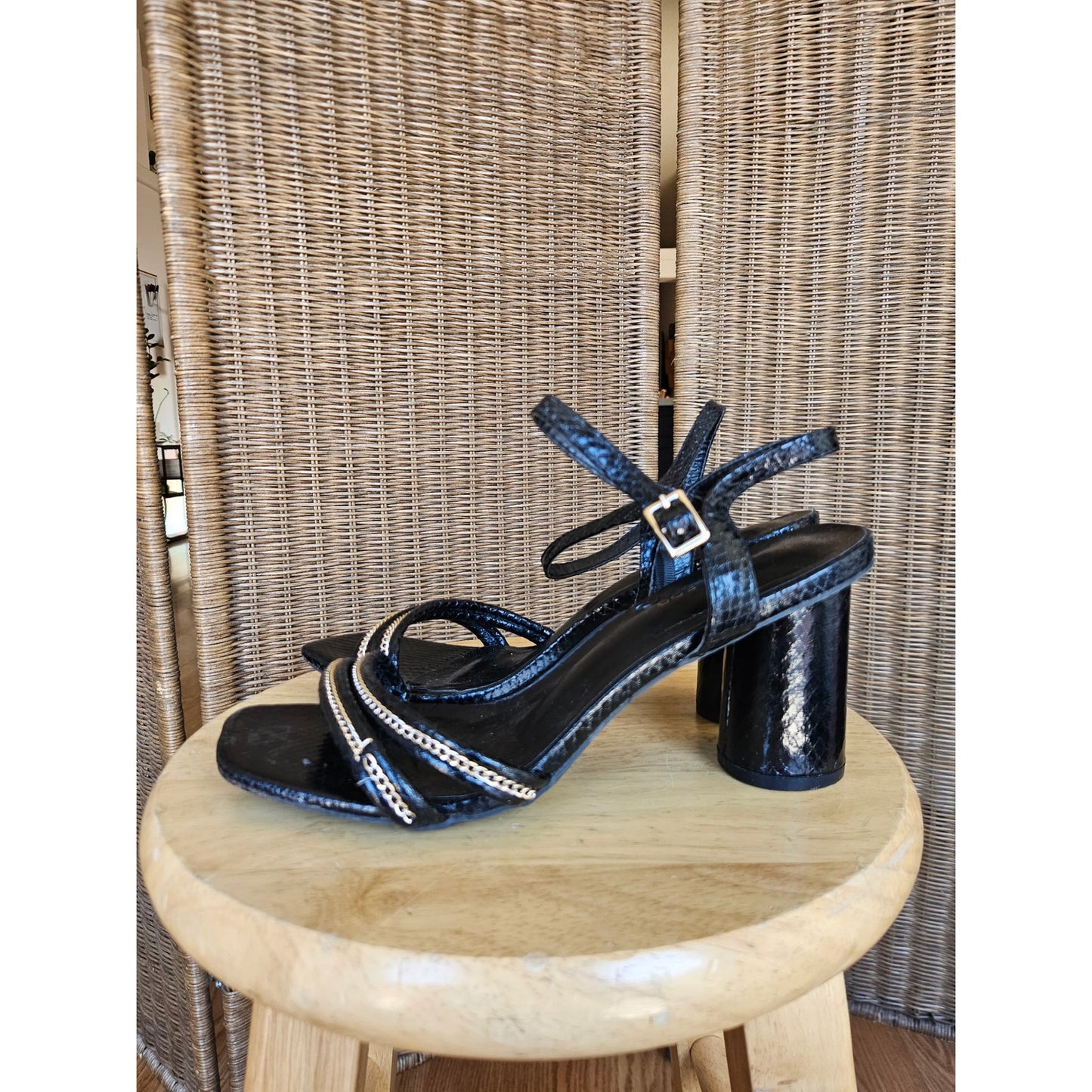 Black Leather Chunky Block Heel - Size 9, Snake Embossed, Chain, Strappy Sandals, Edgy, Y2K, Minimalist, London Fog