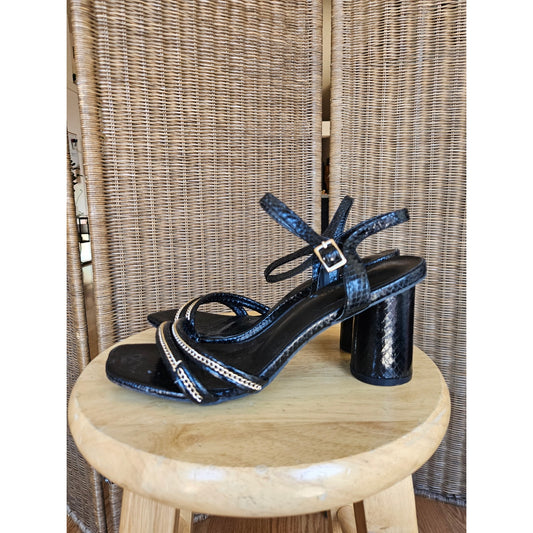 Black Leather Chunky Block Heel - Size 9, Snake Embossed, Chain, Strappy Sandals, Edgy, Y2K, Minimalist, London Fog