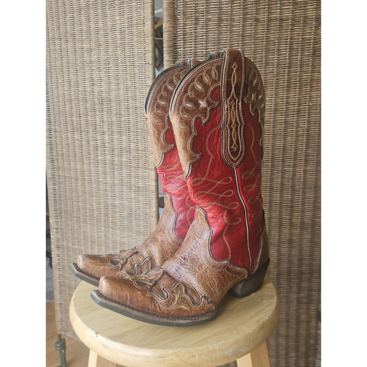 Ariat Women Zealous Brown and Red Snip Toe Cowboy Boots - Size 6B
